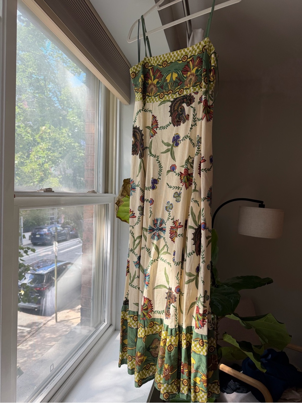 Bohemian Floral Cream Maxi Dress with Green Trim